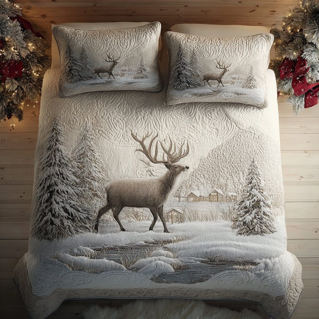 Silent Forest quilted 3-piece bedding set on a made bed with two matching pillow shams