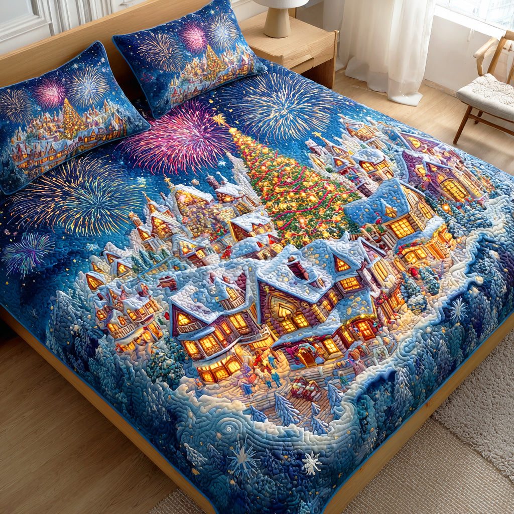 Silent Frost Night quilted 3-piece bedding set on a made bed in a winter-styled bedroom