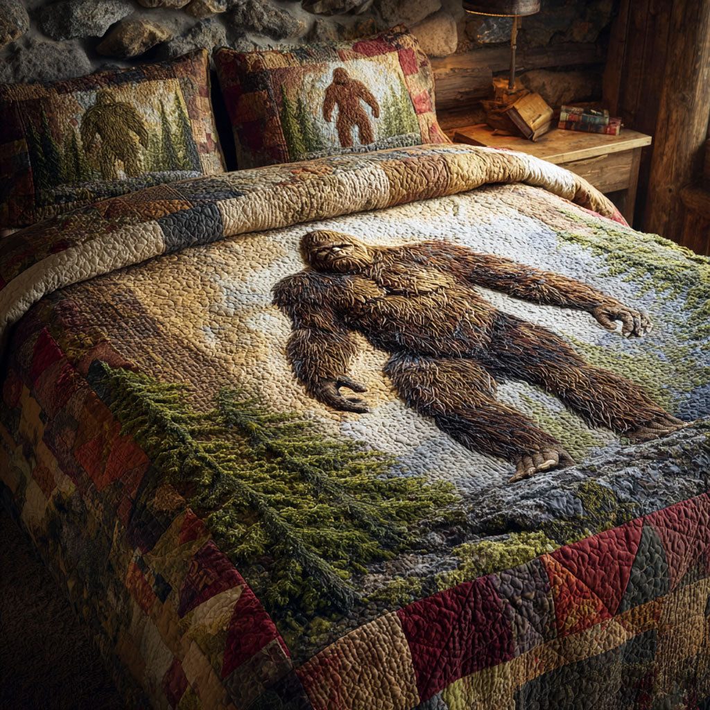 Silent Giant quilted 3-piece bedding set on a made bed with two matching pillow shams