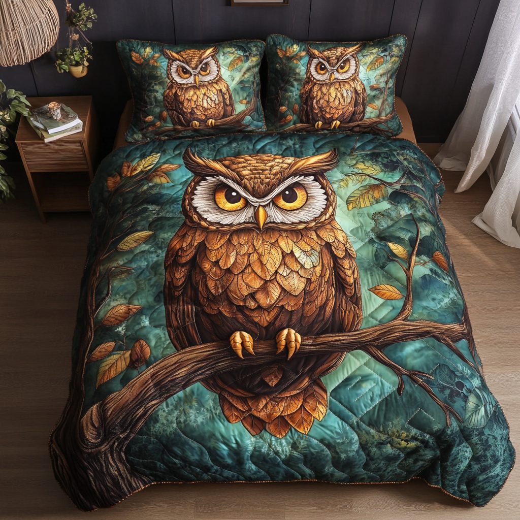 Silent Guardian quilted 3-piece bedding set on a made bed with two matching pillow shams