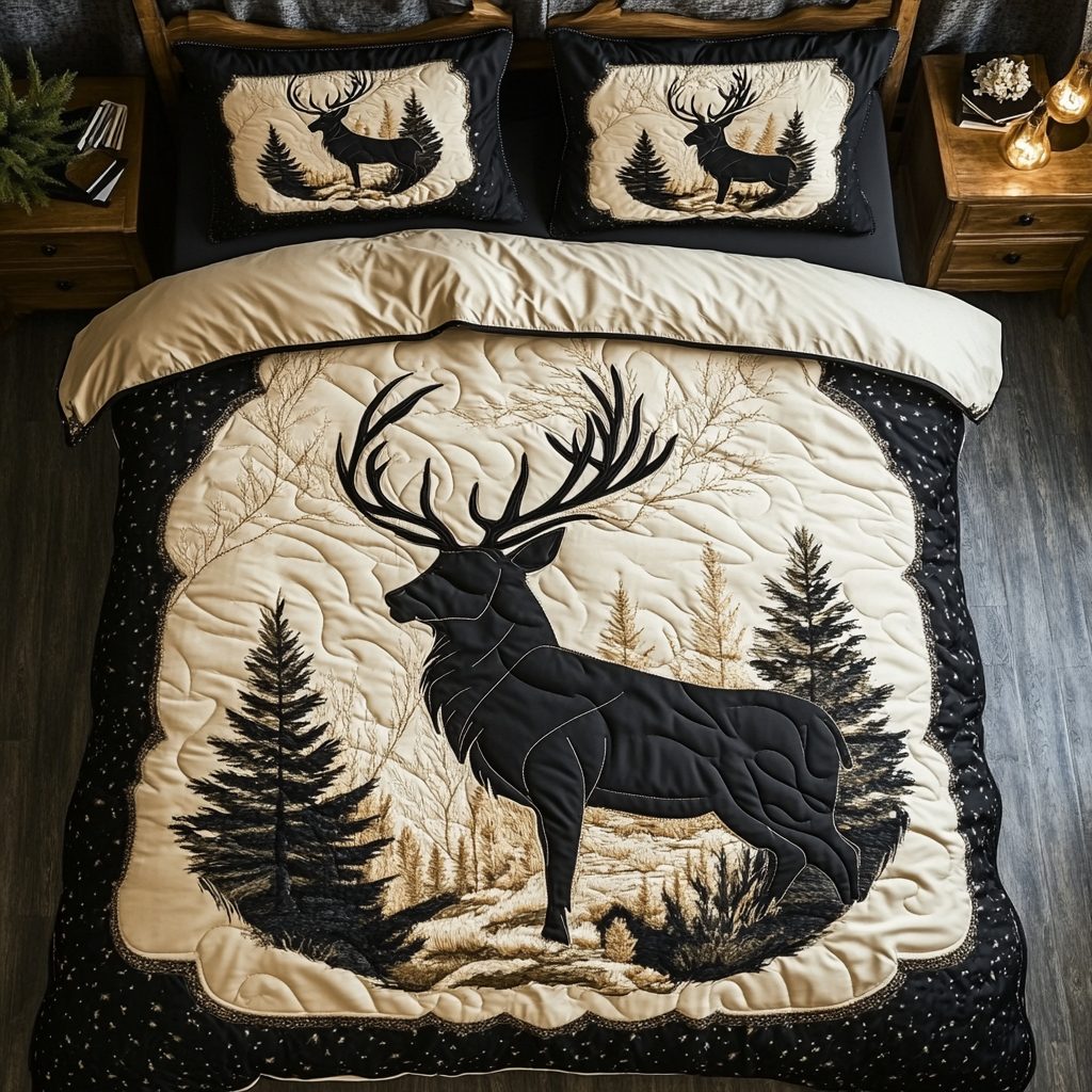 Silent Hooves quilted 3-piece bedding set on a made bed with two matching pillow shams