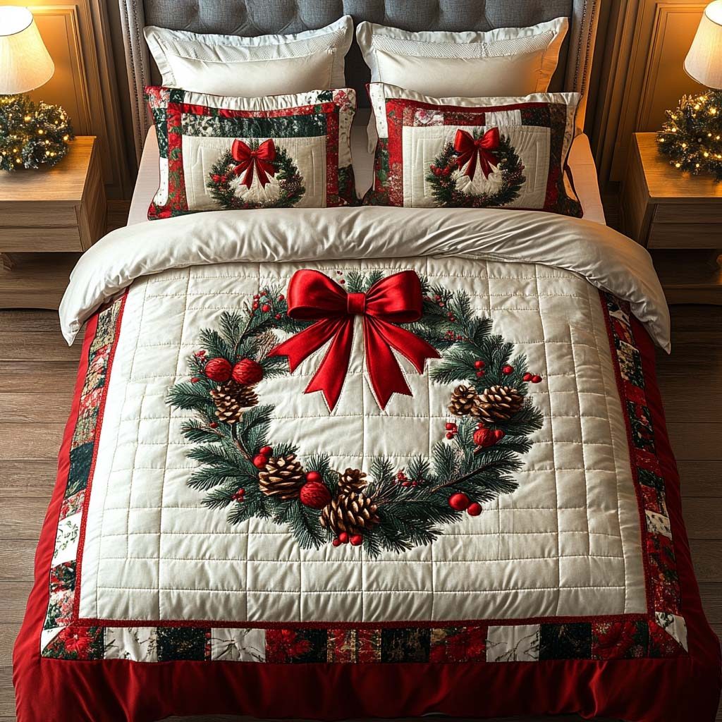 Silent Night quilted 3-piece bedding set on a made bed with two matching pillow shams
