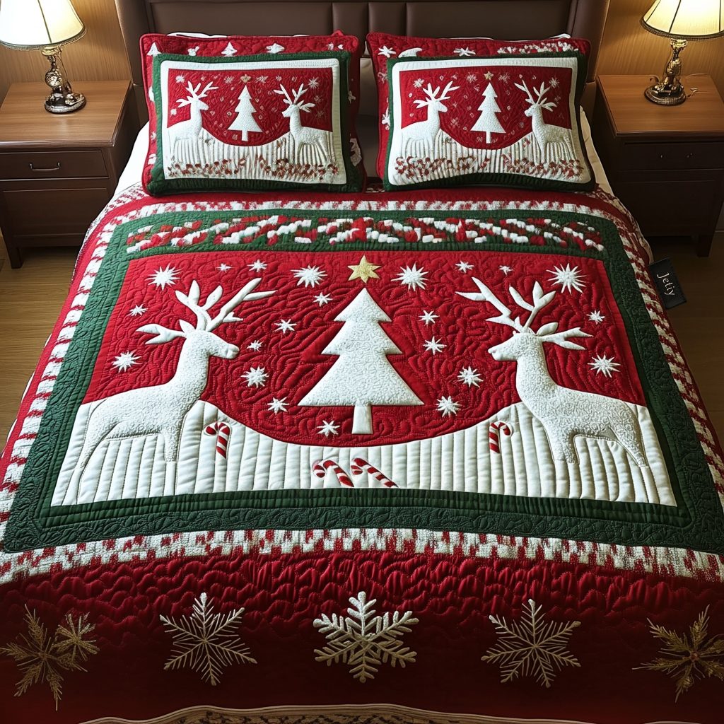 Silent Night quilted 3-piece bedding set on a made bed with two matching pillow shams