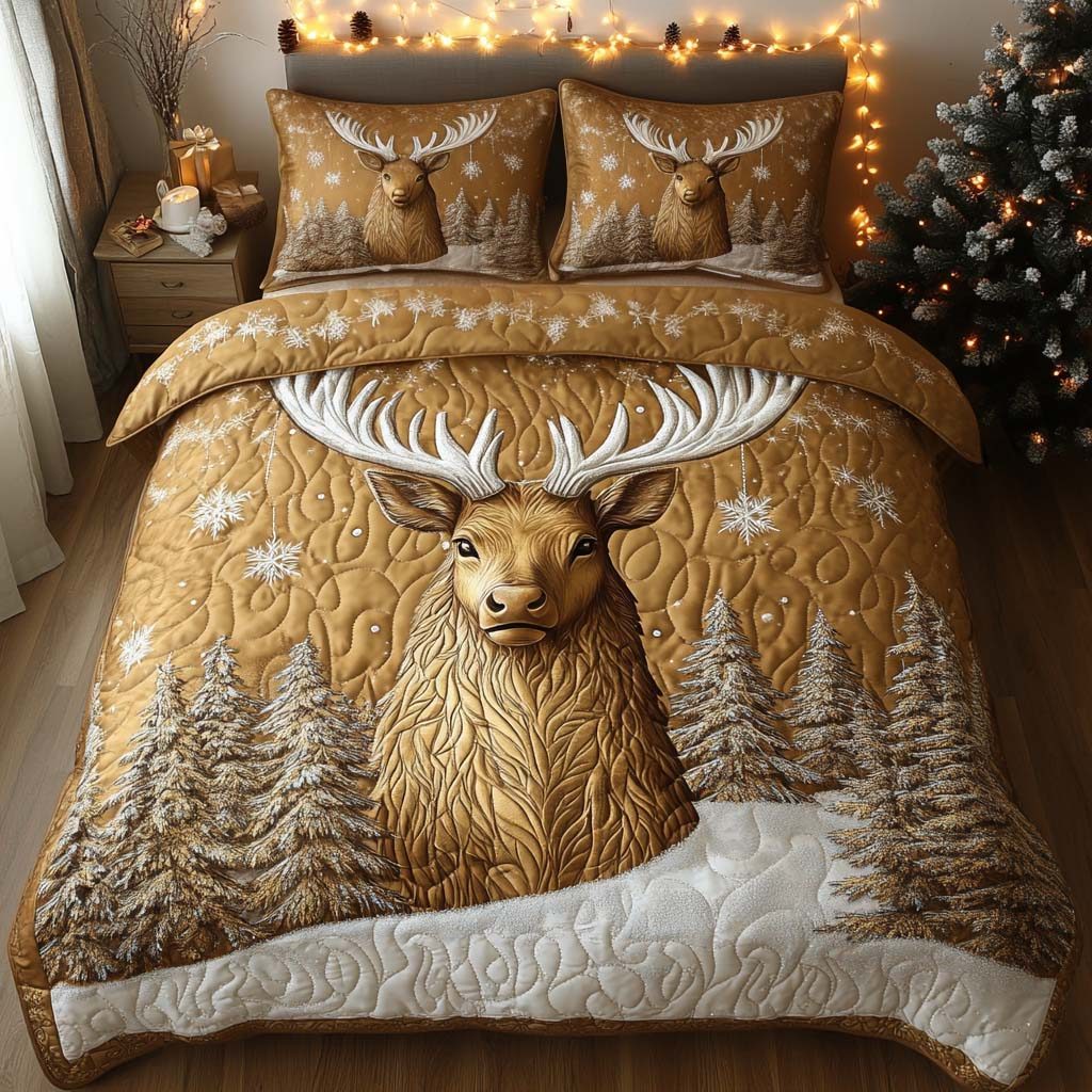 Silent Night Stag quilted 3-piece bedding set on a made bed with two matching pillow shams