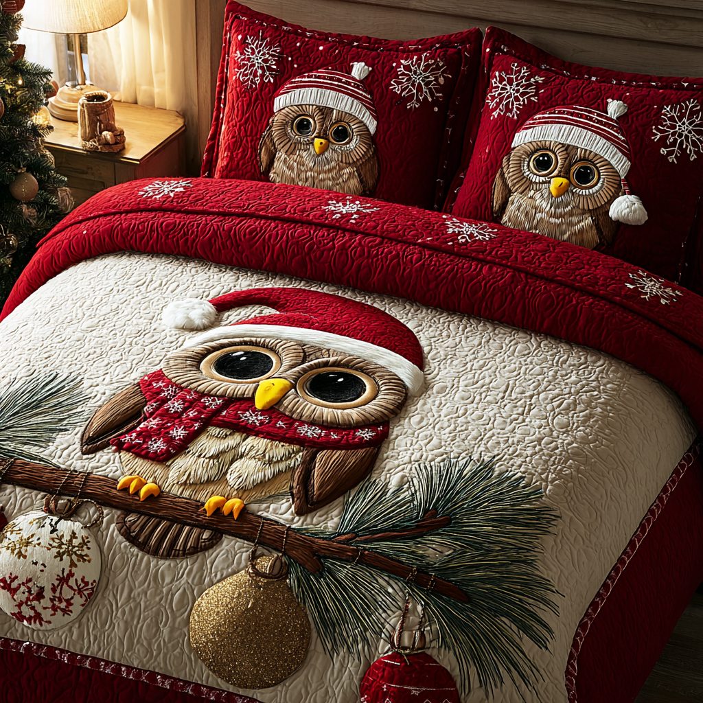 Silent Owl quilted 3-piece bedding set on a made bed with two matching pillow shams