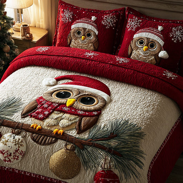 Silent Owl quilted 3-piece bedding set on a made bed with two matching pillow shams
