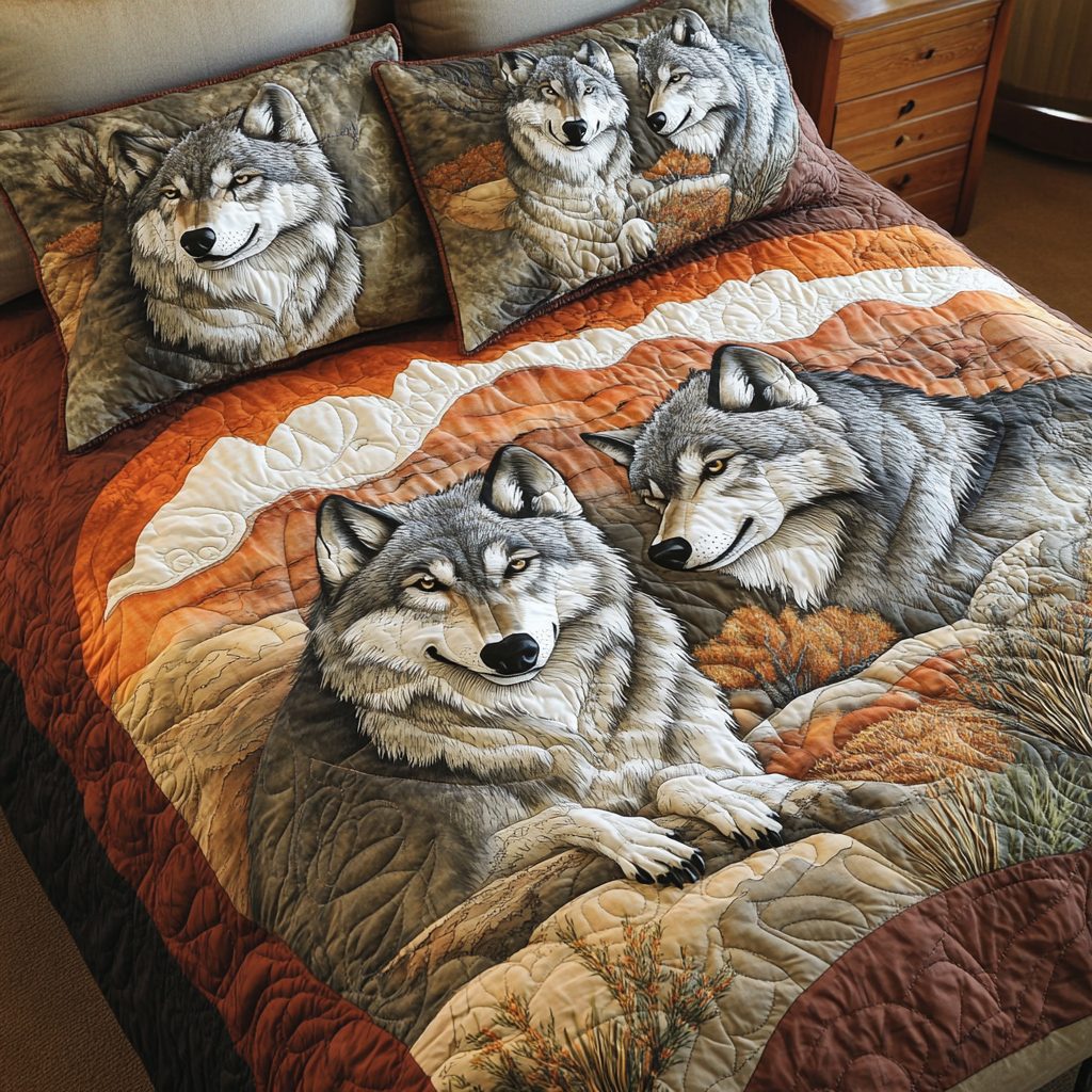 Silent Pursuit quilted 3-piece bedding set on a made bed with two matching pillow shams