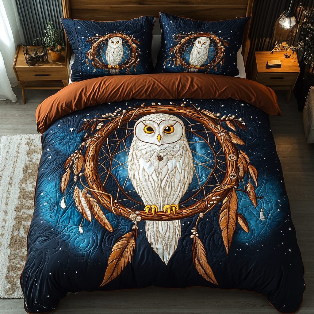 Silent Sentinel quilted 3-piece bedding set on a made bed with two matching pillow shams