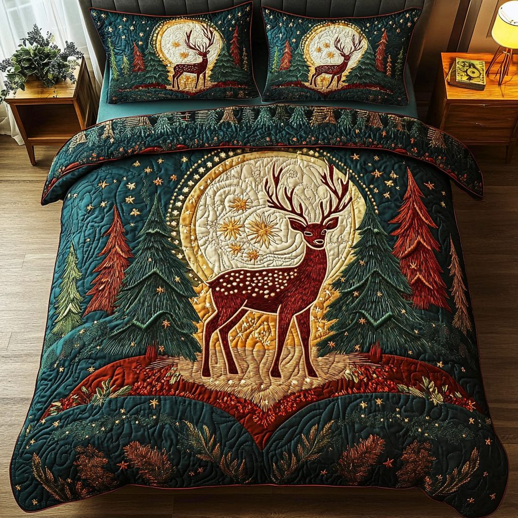 Silent Stag quilted 3-piece bedding set on a made bed with two matching pillow shams