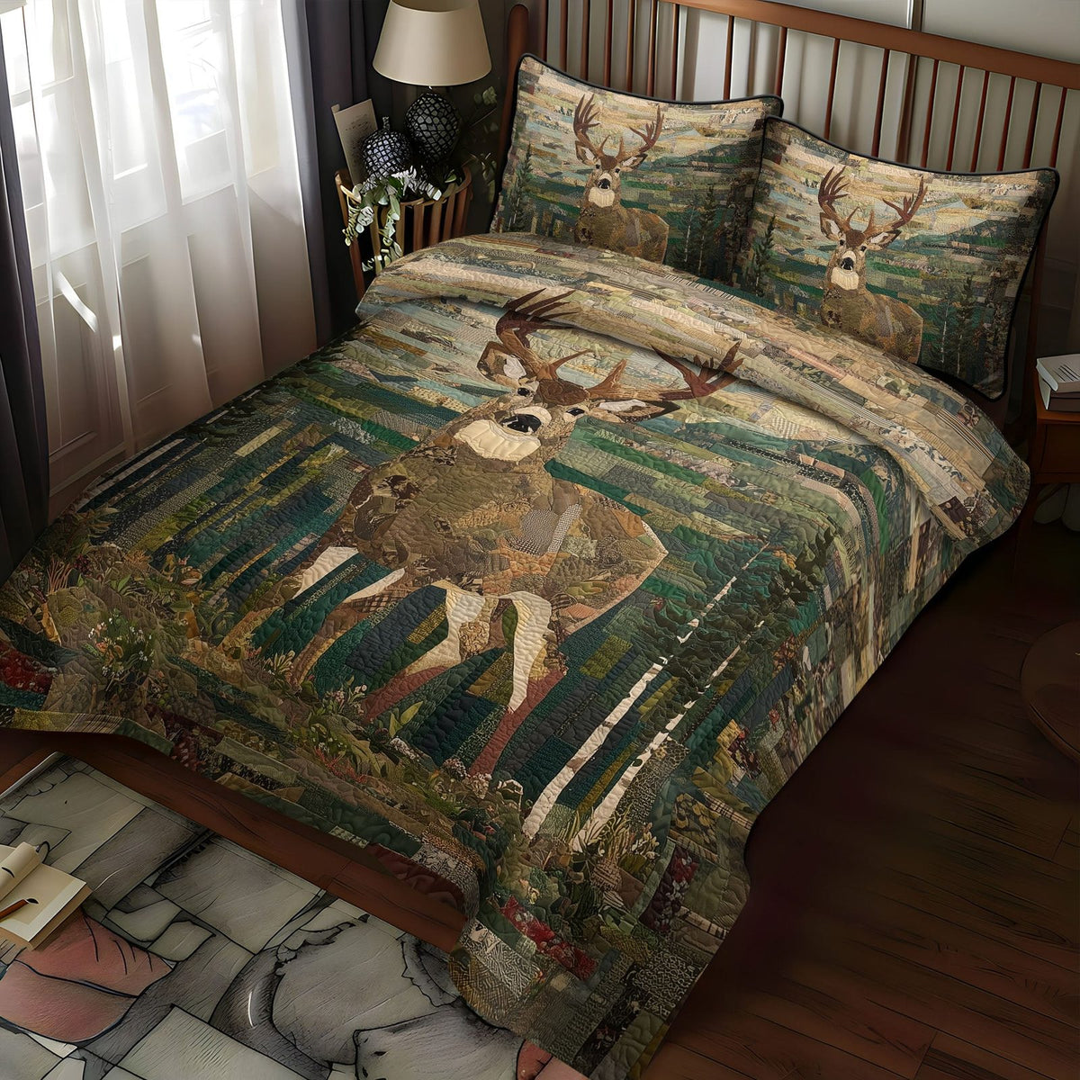 Silent Steps quilted 3-piece bedding set on a made bed with two matching pillow shams