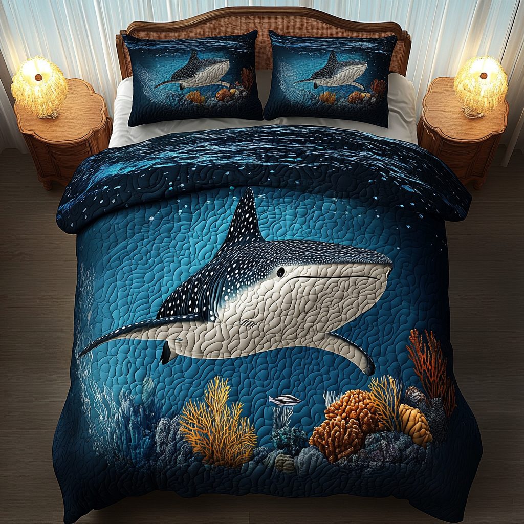 Silent Swimmer quilted 3-piece bedding set on a made bed with two matching pillow shams