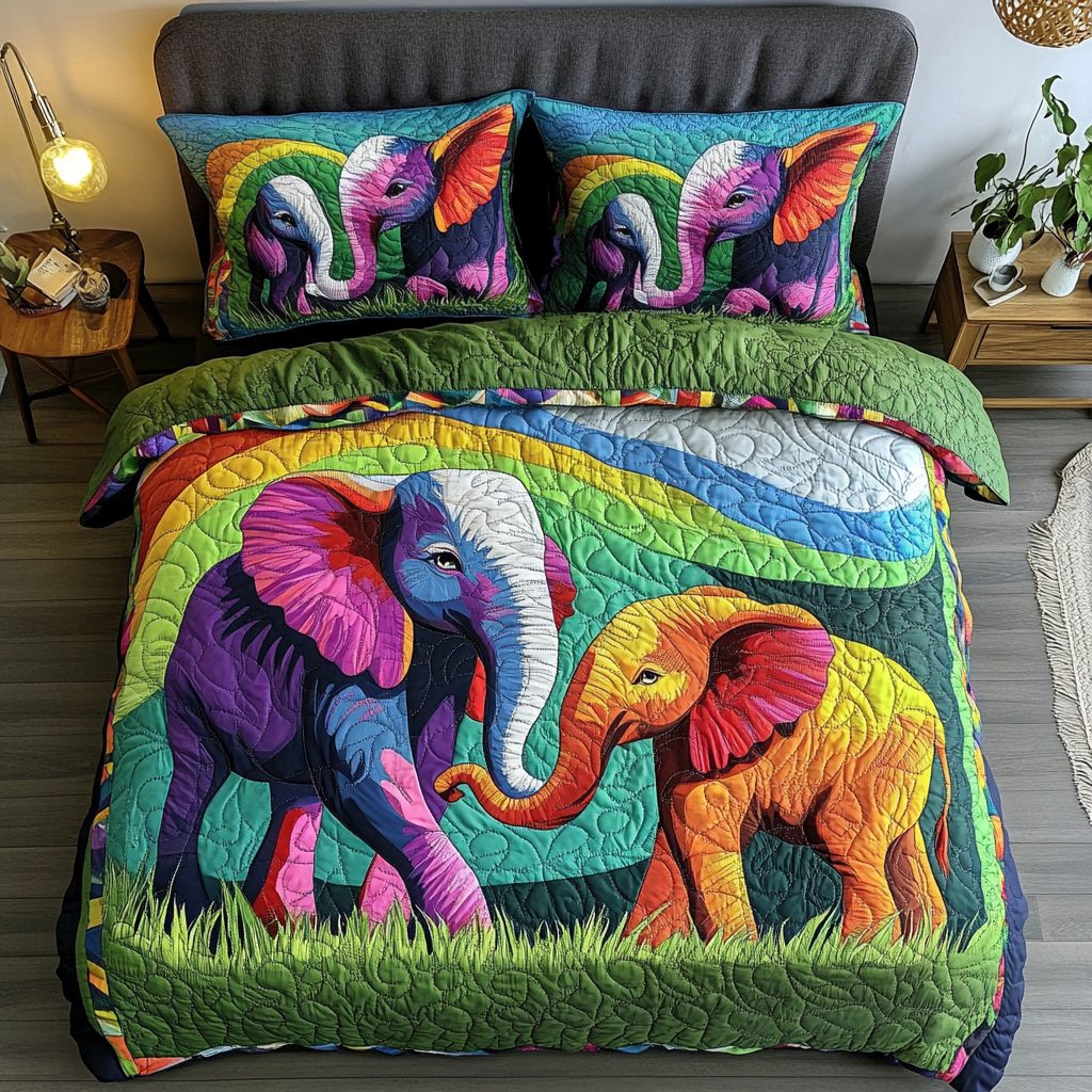 Silent Tusk quilted 3-piece bedding set on a made bed with two matching pillow shams