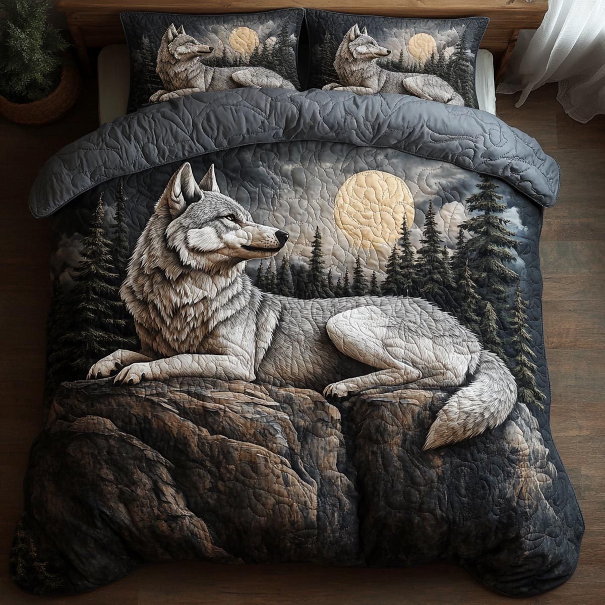 Silent Wolf quilted 3-piece bedding set on a made bed with two matching pillow shams