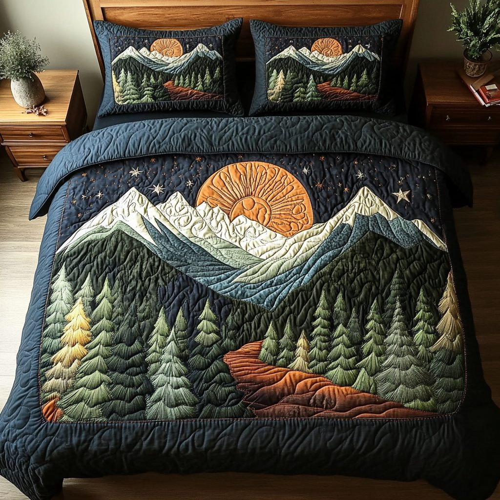 Silent Woods quilted 3-piece bedding set on a made bed with two matching pillow shams
