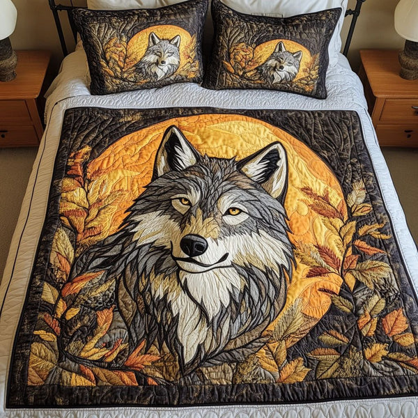 Silver Moon Wolf quilted 3-piece bedding set on a made bed with two matching pillow shams