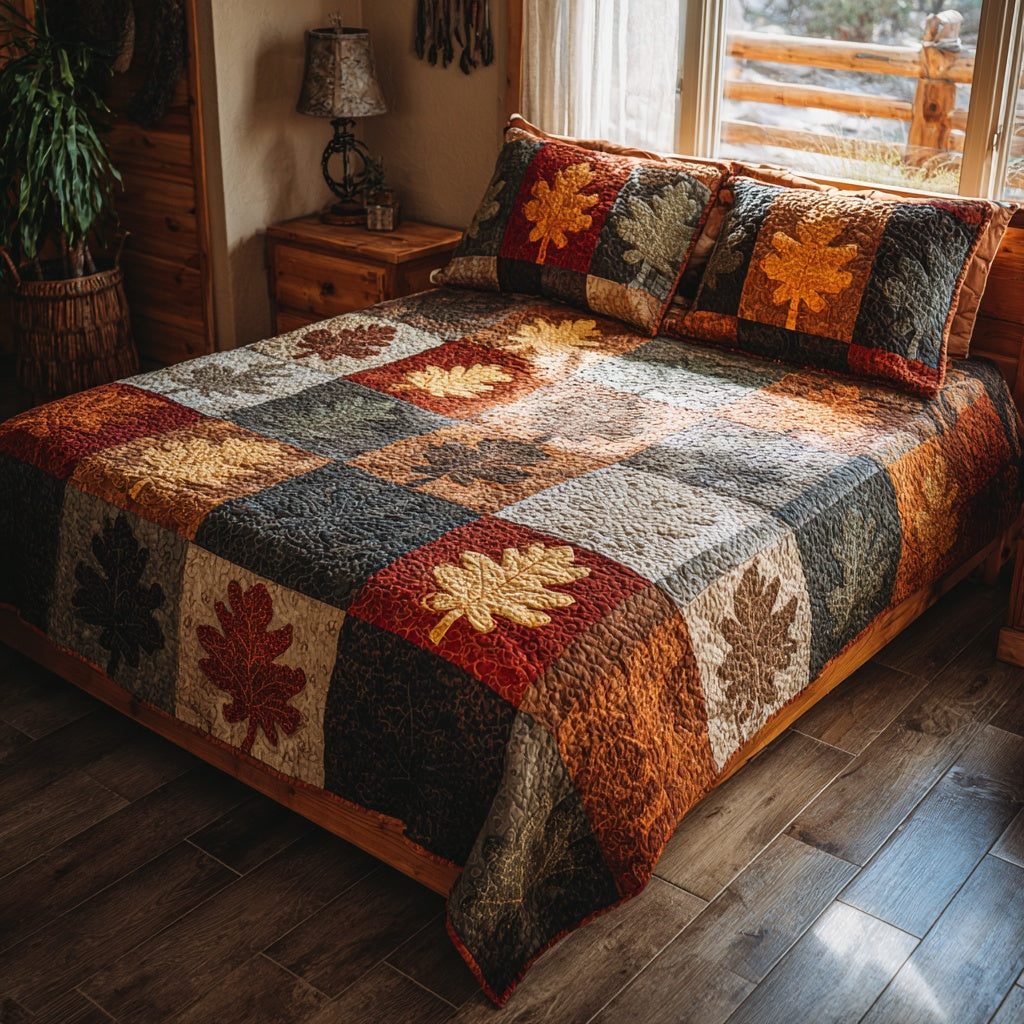 Single Maple Haven quilted 3-piece bedding set on a made bed with two matching pillow shams