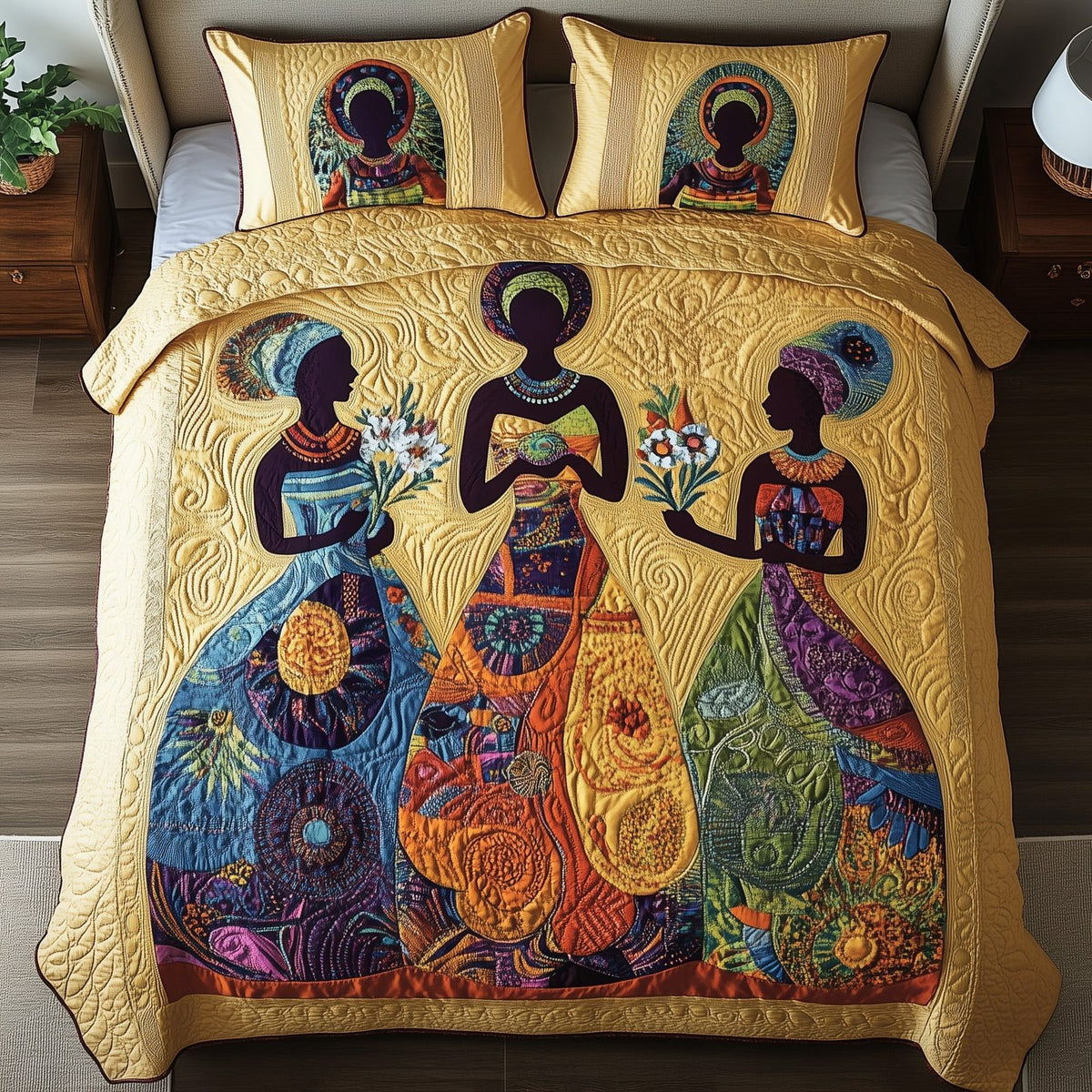 Sisters of the Savanna quilted 3-piece bedding set on a made bed with two matching pillow shams