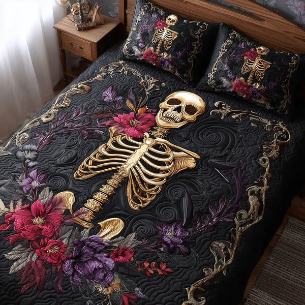 Skeleton Harmony quilted 3-piece bedding set on a made bed against a dark styled interior
