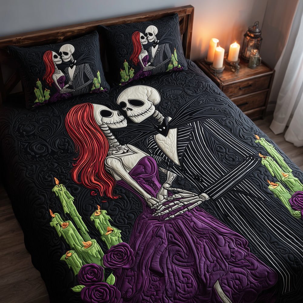 Skeleton Lovers quilted 3-piece bedding set on a made bed against a dark styled interior