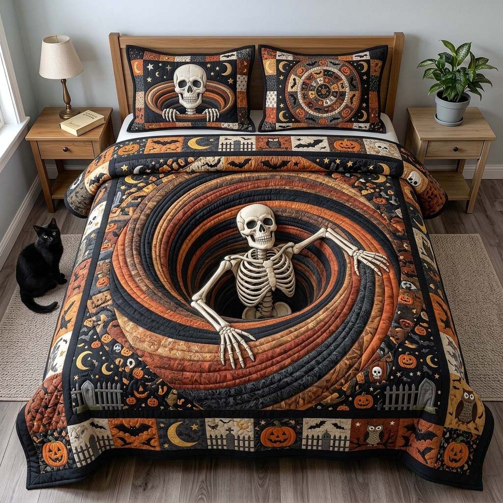 Skeleton Portal quilted 3-piece bedding set on a made bed against a dark styled interior