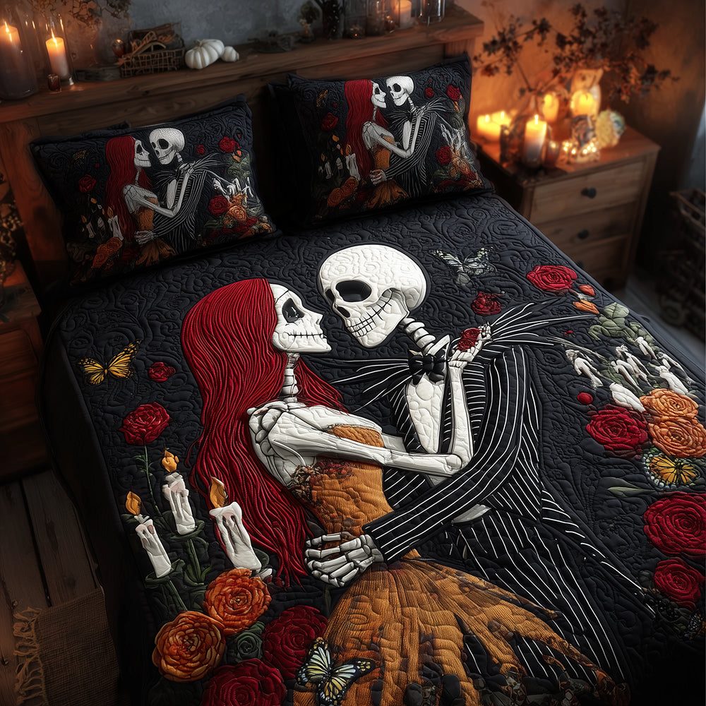 Skeleton Romance quilted 3-piece bedding set on a made bed against a dark styled interior