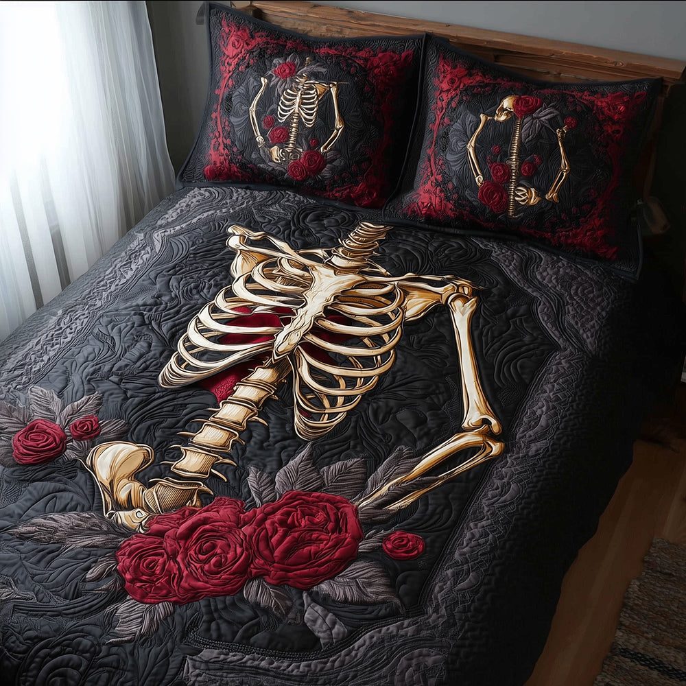 Skeleton Roses quilted 3-piece bedding set on a made bed against a dark styled interior