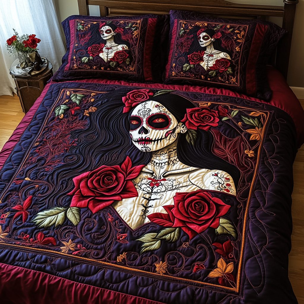 Skull And Blooms quilted 3-piece bedding set on a made bed against a dark styled interior
