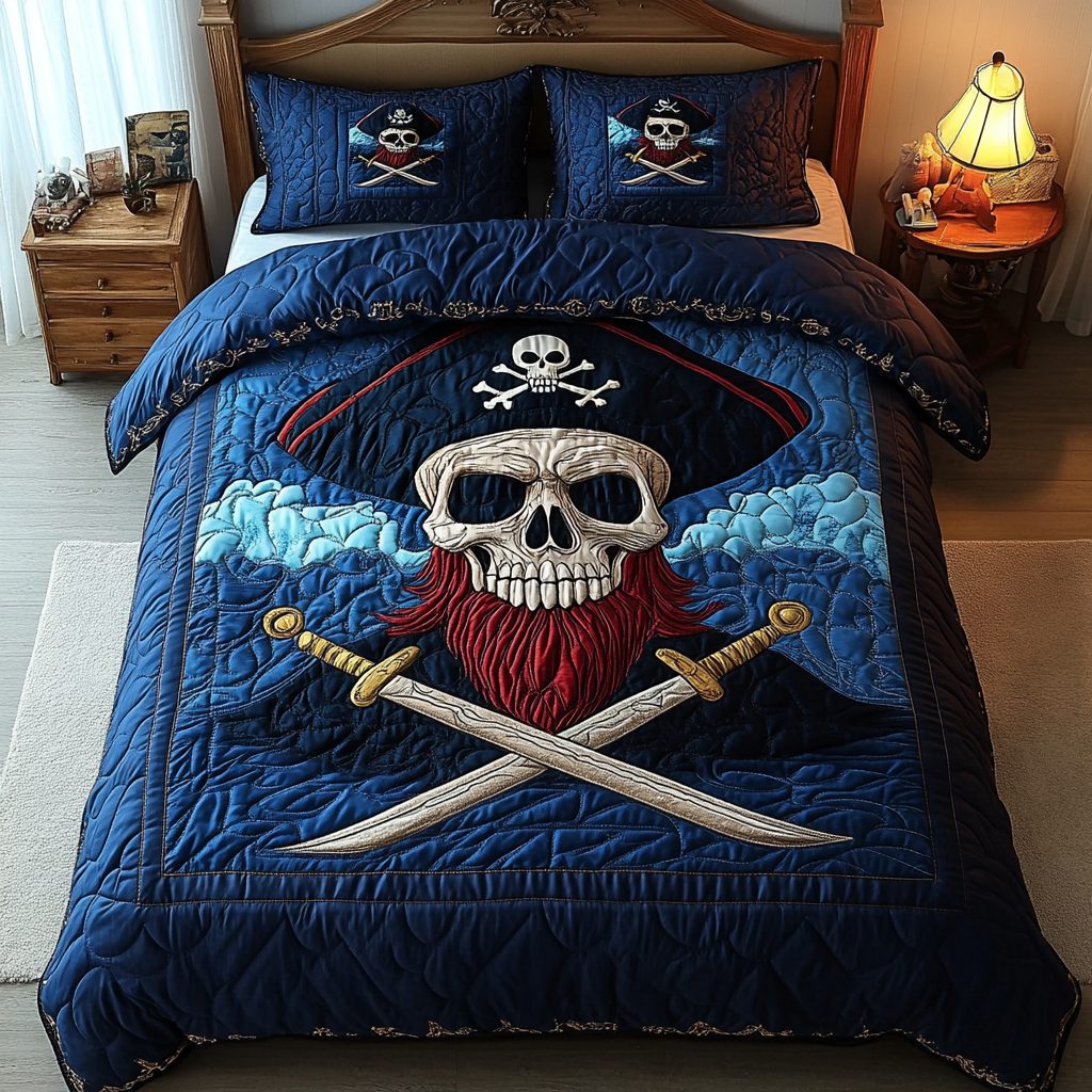 Skull and Crossbones quilted 3-piece bedding set on a made bed against a dark styled interior