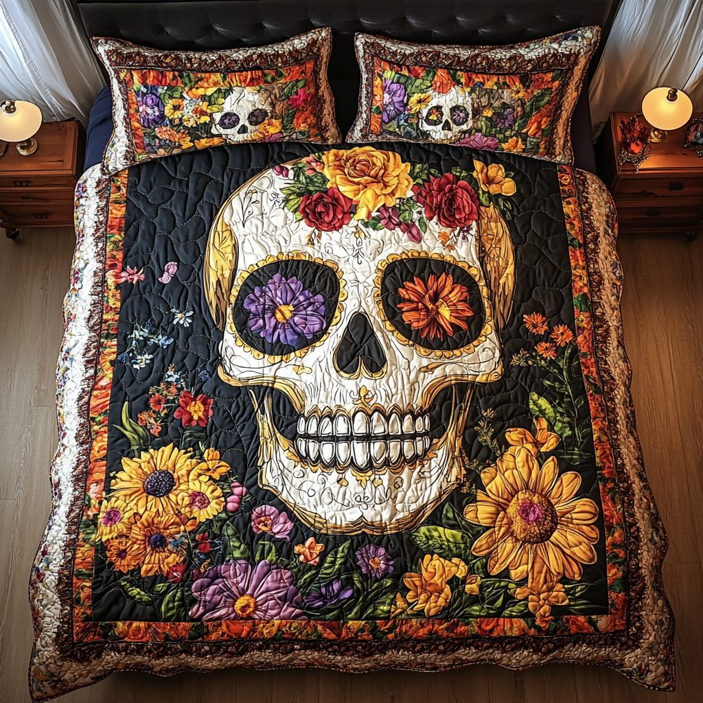 Skull Beauty quilted 3-piece bedding set on a made bed against a dark styled interior