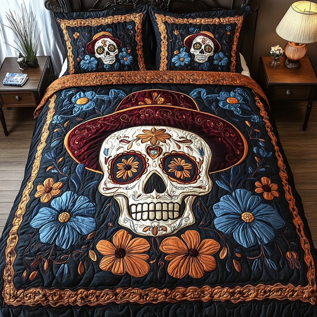 Skull Bloom quilted 3-piece bedding set on a made bed against a dark styled interior