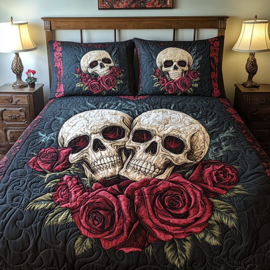 Skull Bouquet quilted 3-piece bedding set on a made bed against a dark styled interior