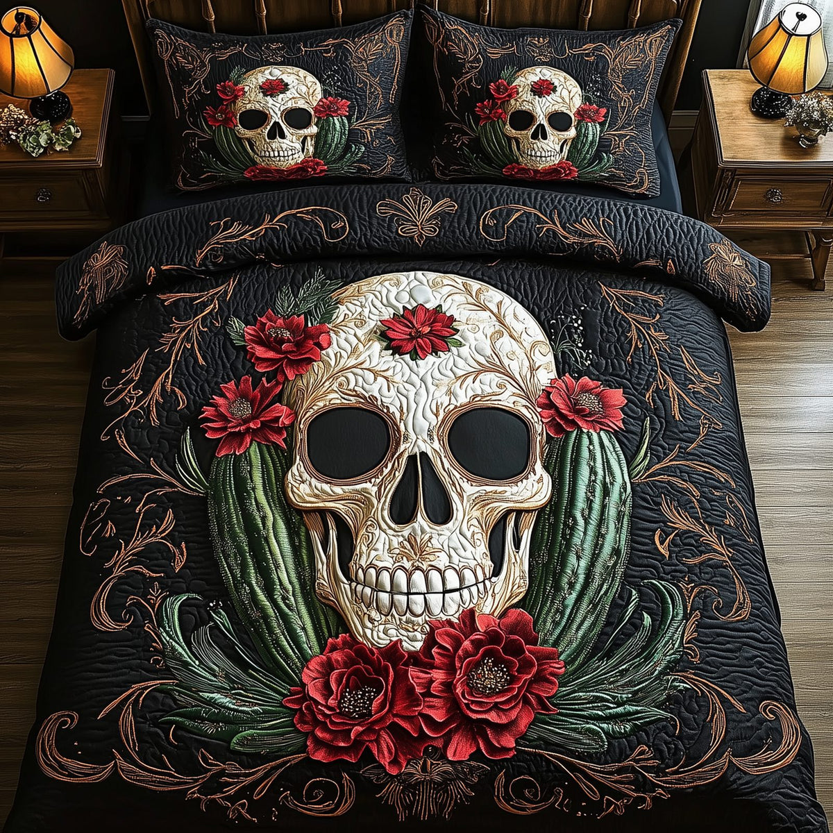 Skull Cactus quilted 3-piece bedding set on a made bed against a dark styled interior