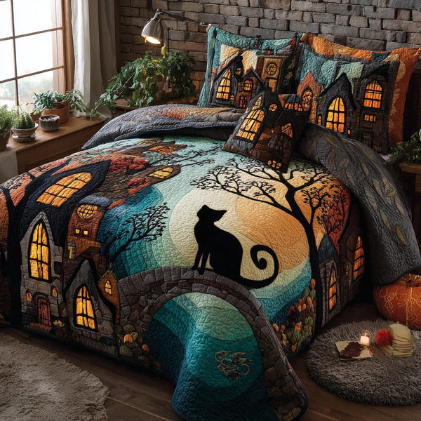 Skull Cat Night quilted 3-piece bedding set on a made bed against a dark styled interior