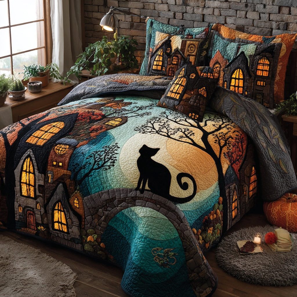 Skull Cat Night quilted 3-piece bedding set on a made bed against a dark styled interior
