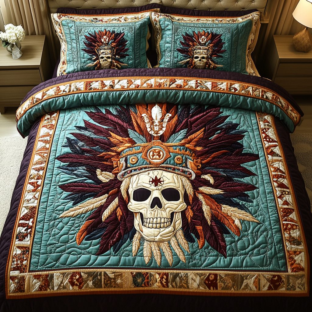 Skull Chief quilted 3-piece bedding set on a made bed against a dark styled interior