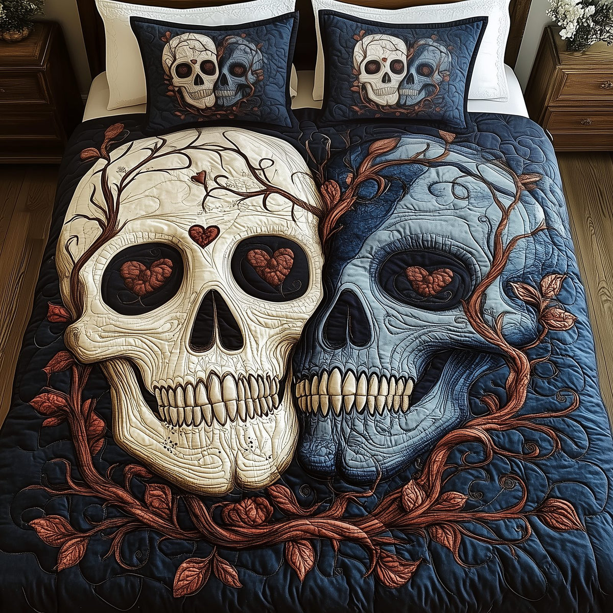 Skull Couple quilted 3-piece bedding set on a made bed against a dark styled interior