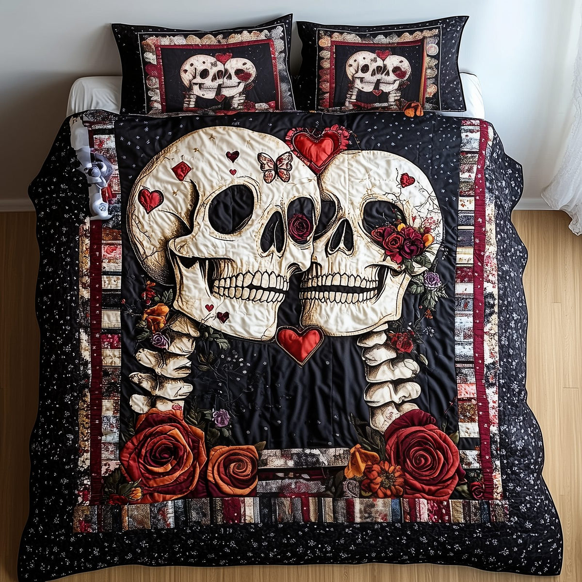 Skull Couple quilted 3-piece bedding set on a made bed against a dark styled interior
