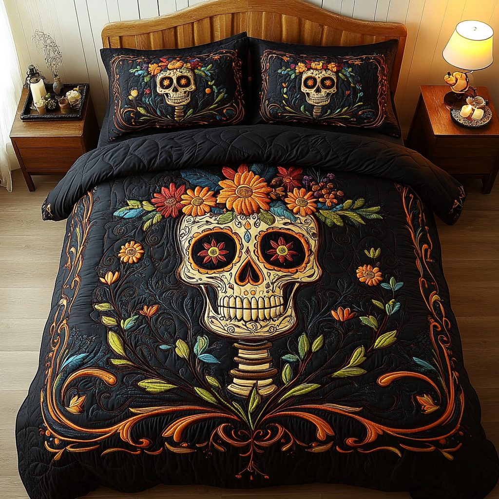 Skull Garden quilted 3-piece bedding set on a made bed against a dark styled interior