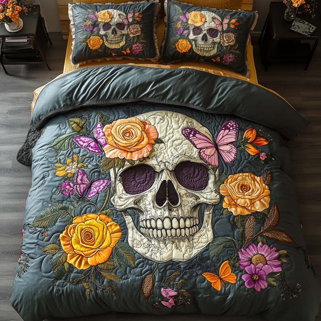 Skull Garden quilted 3-piece bedding set on a made bed against a dark styled interior