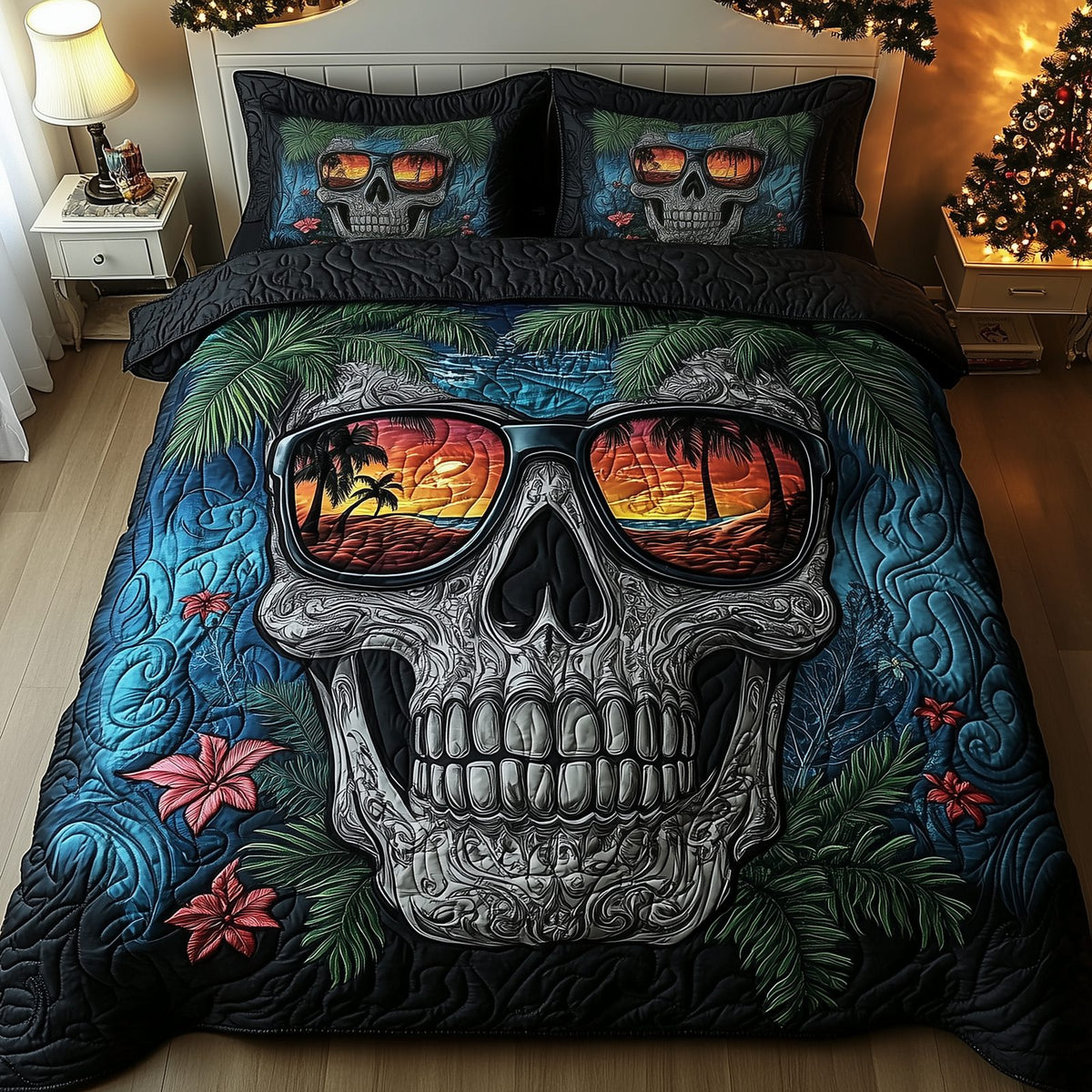 Skull Island quilted 3-piece bedding set on a made bed against a dark styled interior