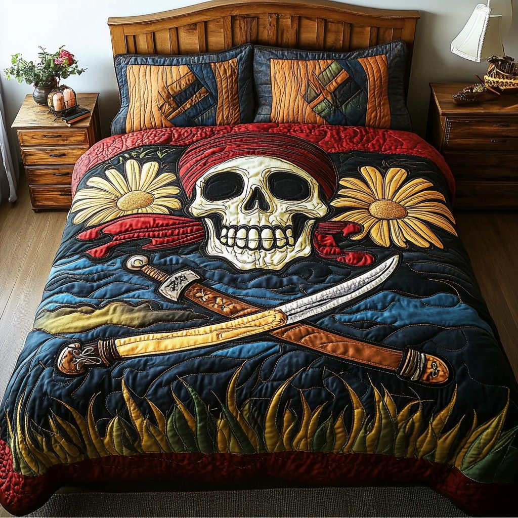 Skull King quilted 3-piece bedding set on a made bed against a dark styled interior