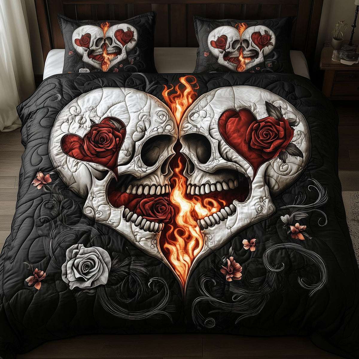 Skull Love quilted 3-piece bedding set on a made bed against a dark styled interior