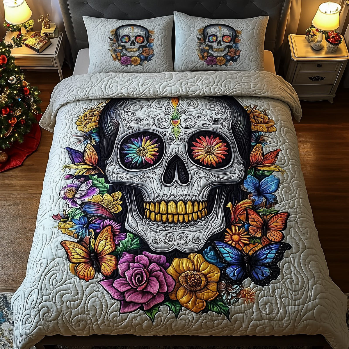 Skull of Colorful Life quilted 3-piece bedding set on a made bed against a dark styled interior