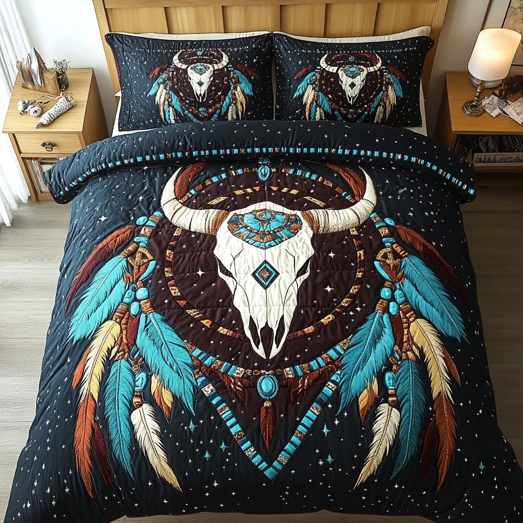 Skull of the West quilted 3-piece bedding set on a made bed against a dark styled interior