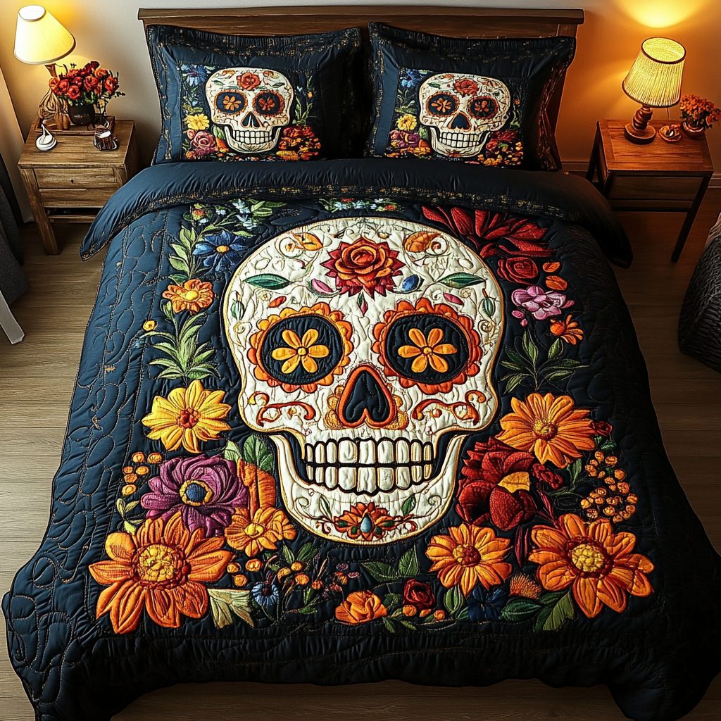 Skull Petals quilted 3-piece bedding set on a made bed against a dark styled interior
