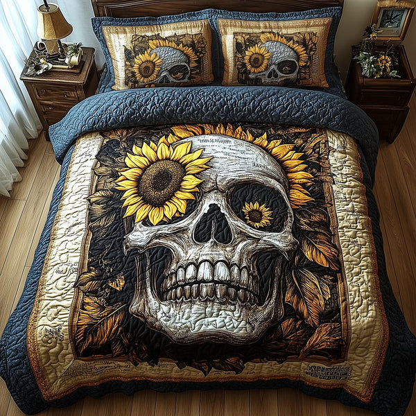 Skull quilted 3-piece bedding set on a made bed against a dark styled interior