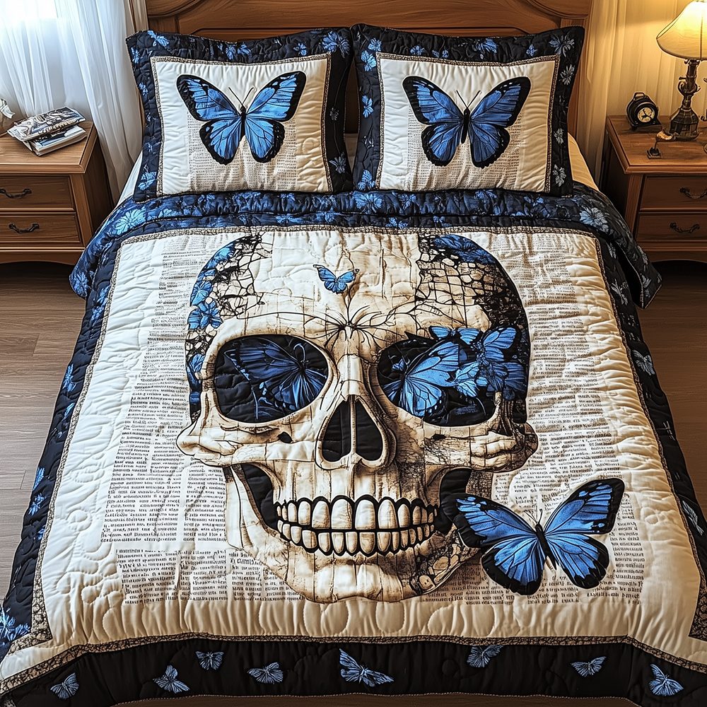 Skull quilted 3-piece bedding set on a made bed against a dark styled interior