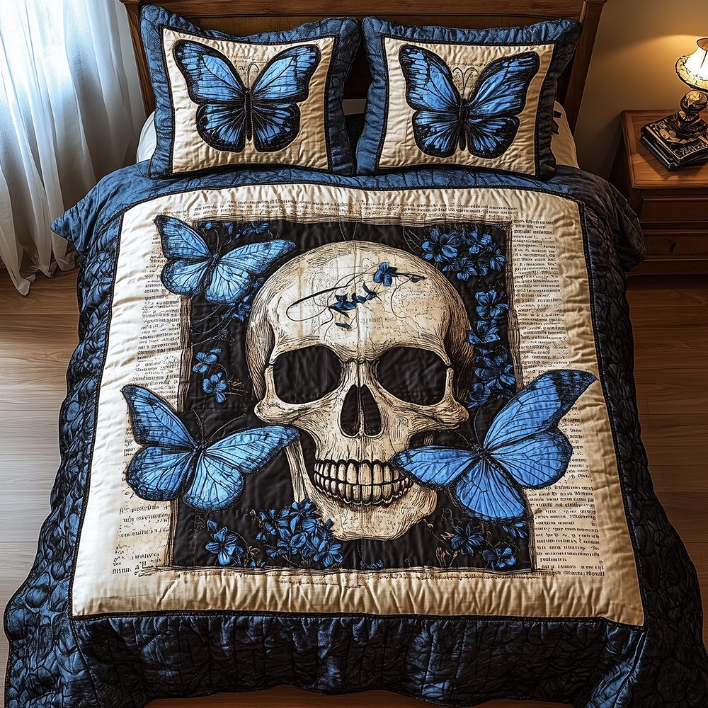 Skull quilted 3-piece bedding set on a made bed against a dark styled interior