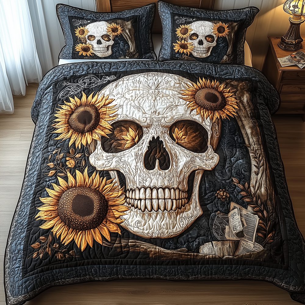 Skull quilted 3-piece bedding set on a made bed against a dark styled interior