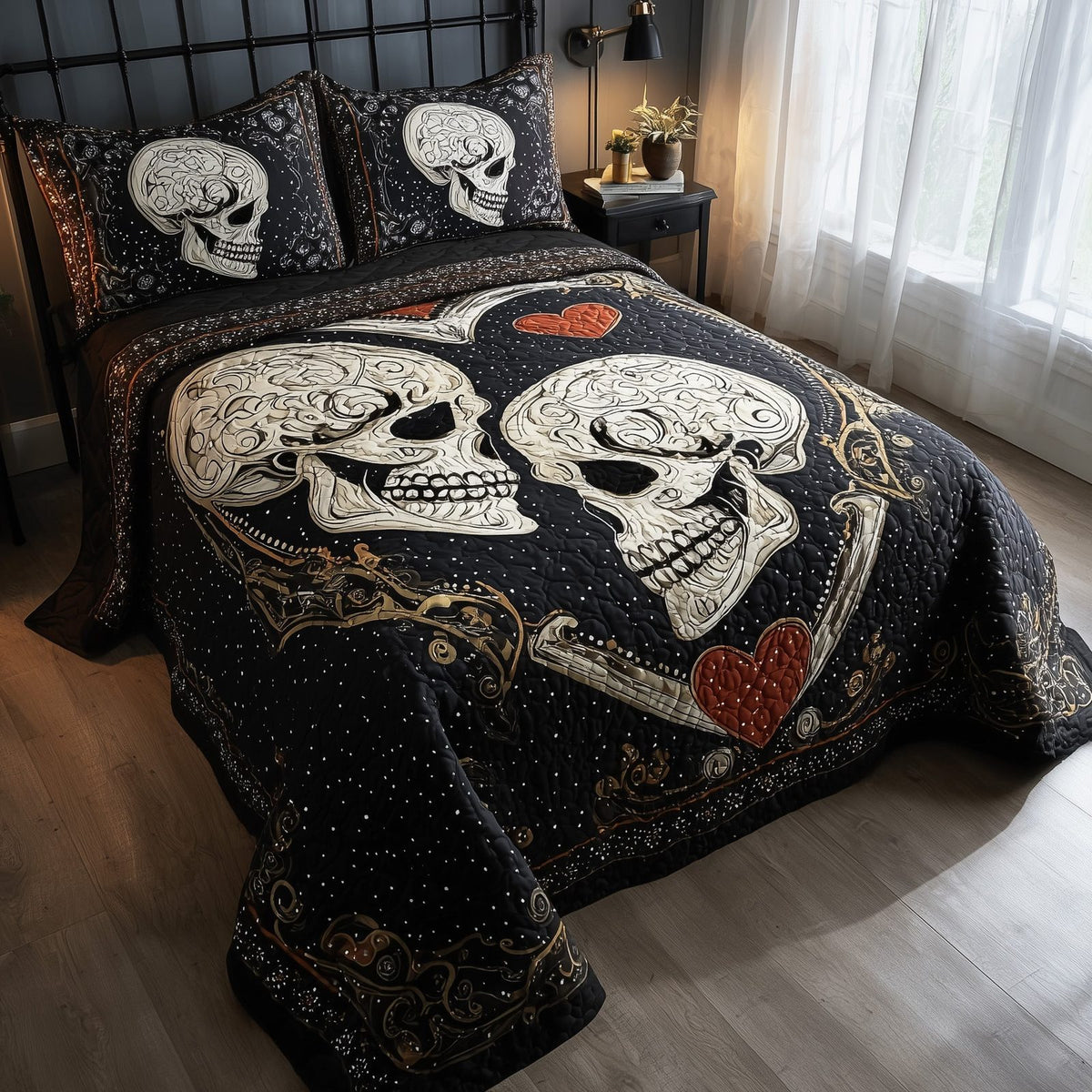 Skull Serenity quilted 3-piece bedding set on a made bed against a dark styled interior